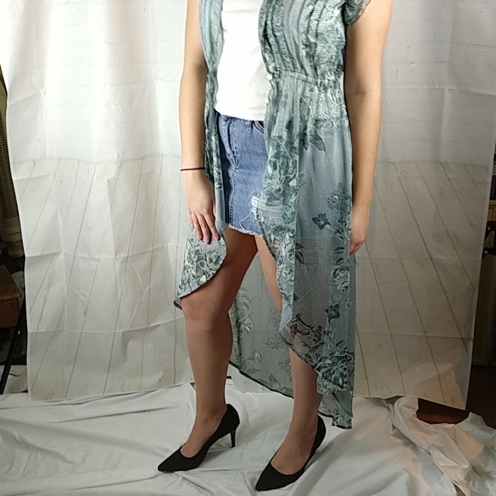 Long Sage Green Flowy Sheer Duster Vest Cover-up